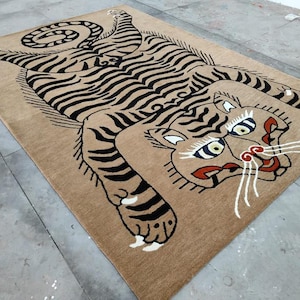 Hand Tufted Tiger Rug | Tibetan Style Tiger Carpet | Custom Wool Rug | Animal Shaped Rug | Bold Statement Rug for Boho or Eclectic Decor