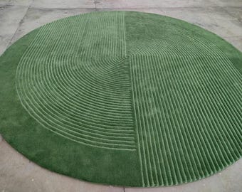Green Round Wool Rug - Minimalist Handmade Floor Art