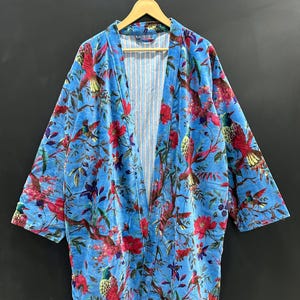 Blue birds print Velvet Kimono Robe, Morning Tea Velvet Jacket, Bridesmaid Robe, Women Wear Cotton Velvet robe, Velvet Jacket, Bridal Robe