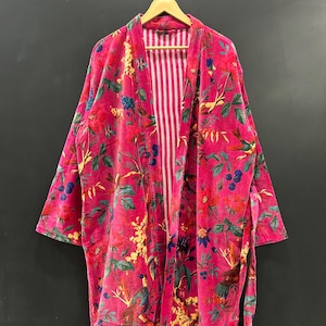 Pink birds print Velvet Kimono Robe, Morning Tea Velvet Jacket, Bridesmaid Robe, Women Wear Cotton Velvet robe, Velvet Jacket, Bridal Robe