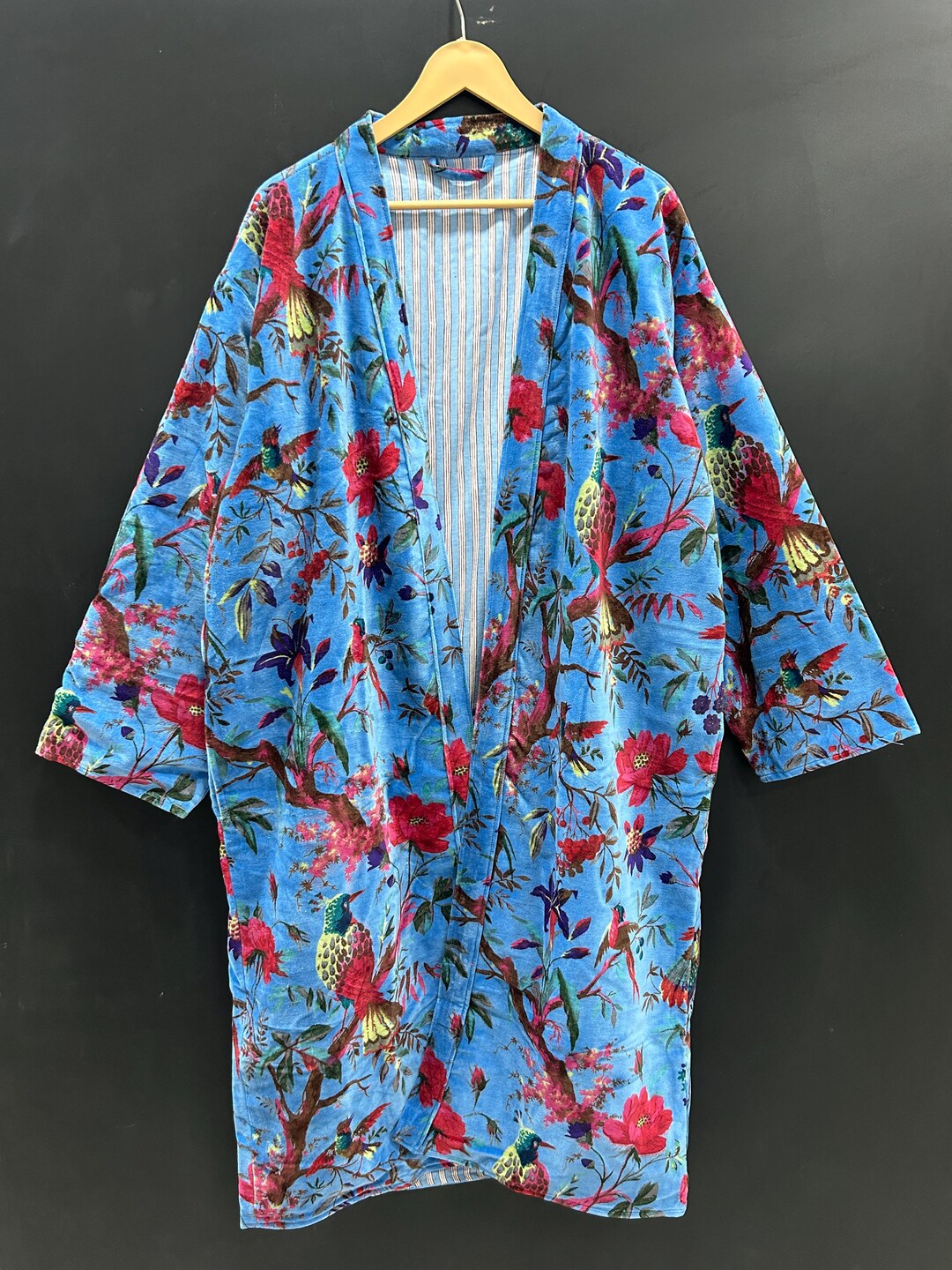Blue Star Pattern Robe Blue Birds Print Velvet Kimono Robe, Morning Tea Velvet Jacket ...