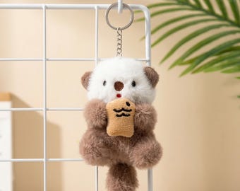 Sea Otter Plush Keychain Soft Stuffed Animal Bag Charm Kawaii Backpack Pendant Gift for Otter Lover Teen Friend Clam Otter Fuzzy Key Ring