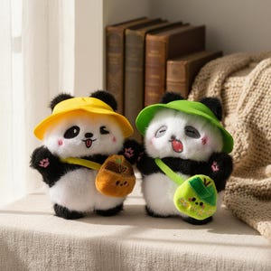 May include: Two plush panda toys with black and white fur, wearing yellow and green hats, and carrying small bags. The pandas have pink cheeks and are winking and sticking out their tongues. The background includes books and a beige blanket.