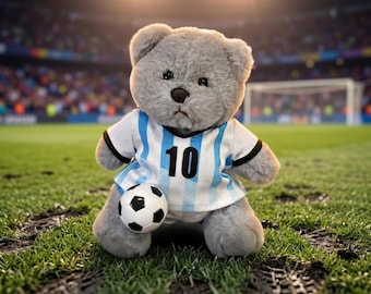Oso de peluche de fútbol, lindo y suave, regalo para aficionados al fútbol, ideal para niños y adolescentes. Oso de peluche coleccionable, de color marrón, gris y beige.