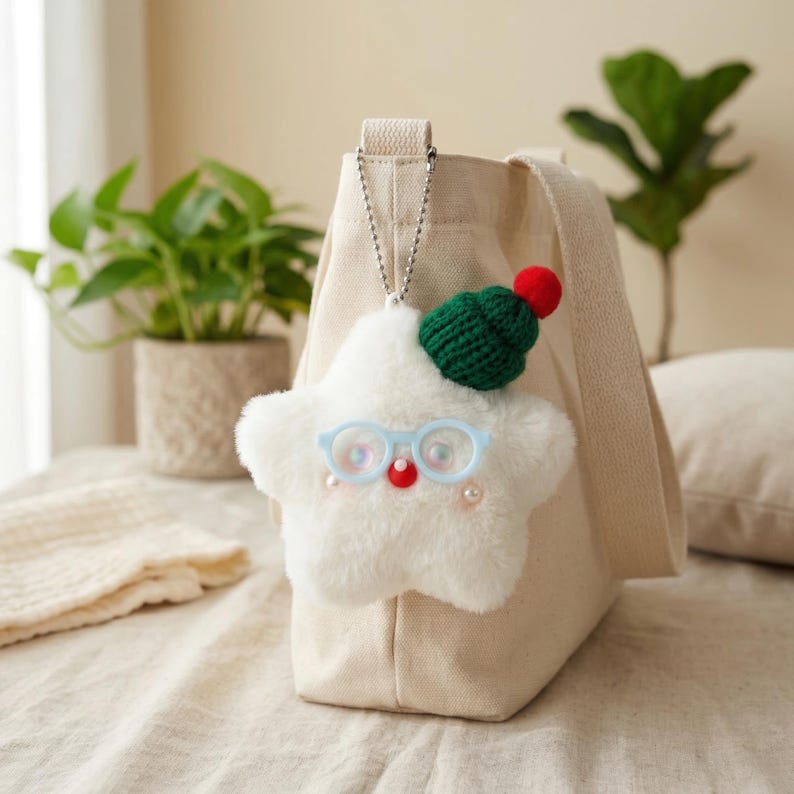 May include: A white plush star-shaped keychain with light blue glasses, a green knit hat, and a red pom-pom. The keychain is attached to a beige tote bag with a silver chain.