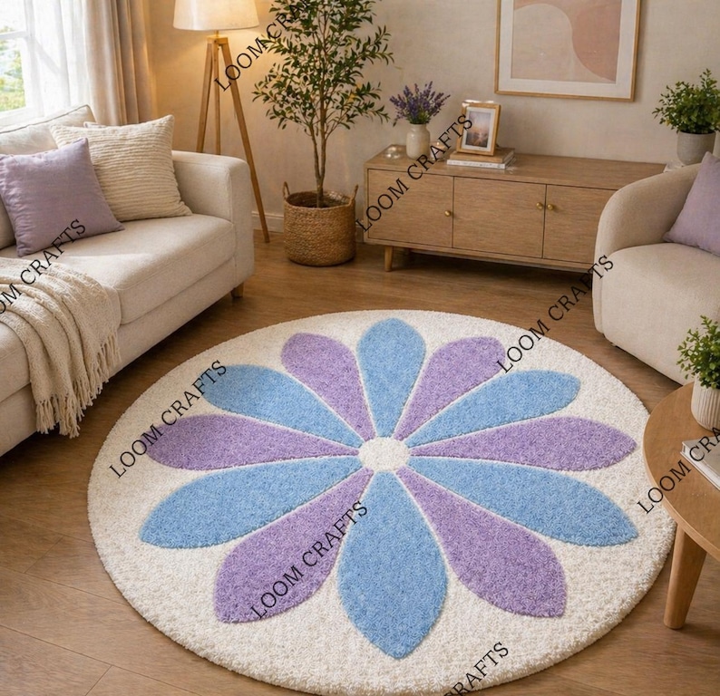 Pastel Daisy Round Wool Rug, Flower Shape Tufted Carpet, Soft Floral ...