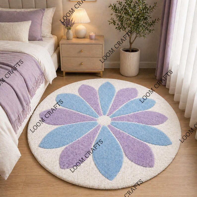 Pastel Daisy Round Wool Rug, Flower Shape Tufted Carpet, Soft Floral ...