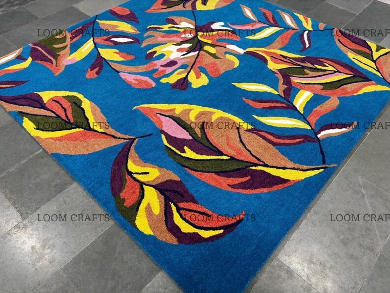 Colorful Botanical Handmade Area Rug – Modern Leaf Pattern Rug, Vibrant ...