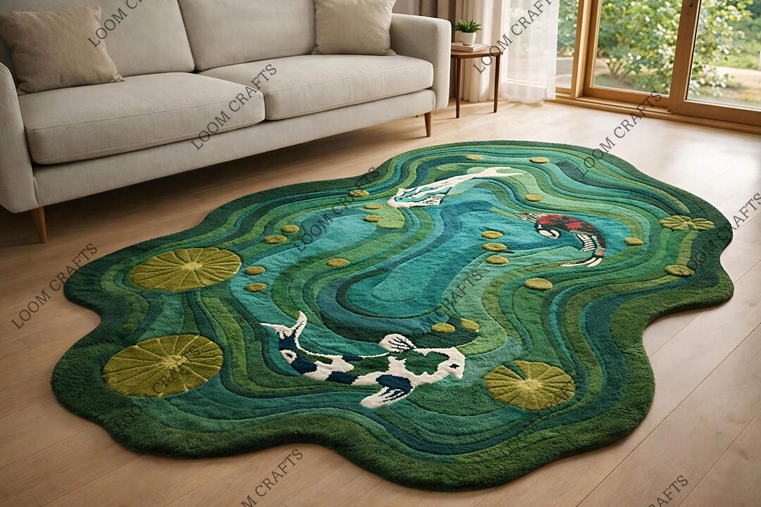 Pond Colors Rug Hand Tufted Koi Fish Pond Rug – Abstract Wool Carpet, Japanese Inspired ...