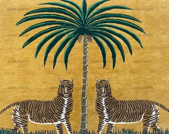 Tiger Rug | Jungle Palm Tree Area Rug | Animal Print Living Room Bedroom Home Decor Hand Tufted Wool