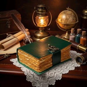 400 Page Green Leather Spell Book of Shadows with Vintage leather Journal - , Grimoire Journal, Travel Writing Notebook, Deckle Edge Paper