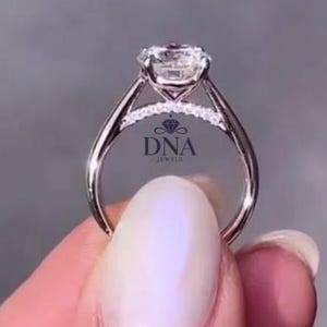 Cathedral Set Engagement Ring, 14k White Gold Round Moissanite Engagement Ring, 4 Prong Basket Set Solitaire Moissanite Diamond Ring
