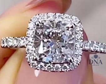 Anillo de compromiso de 2 quilates con corte cojín, estilo catedral vintage, con pavé de moissanita y halo de diamantes antiguo, anillo de bodas de oro blanco de 14 k para ella.