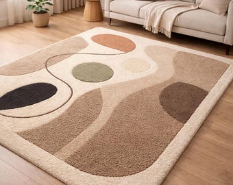 Beige Brown Sage Green Geometric Area Rug, Neutral Contemporary Living Room Bedroom Carpet