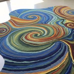 Irregular-shaped area rug featuring vibrant multicolor swirling abstract patterns in blue, green, yellow, red, and orange displayed on a smooth light floor.
