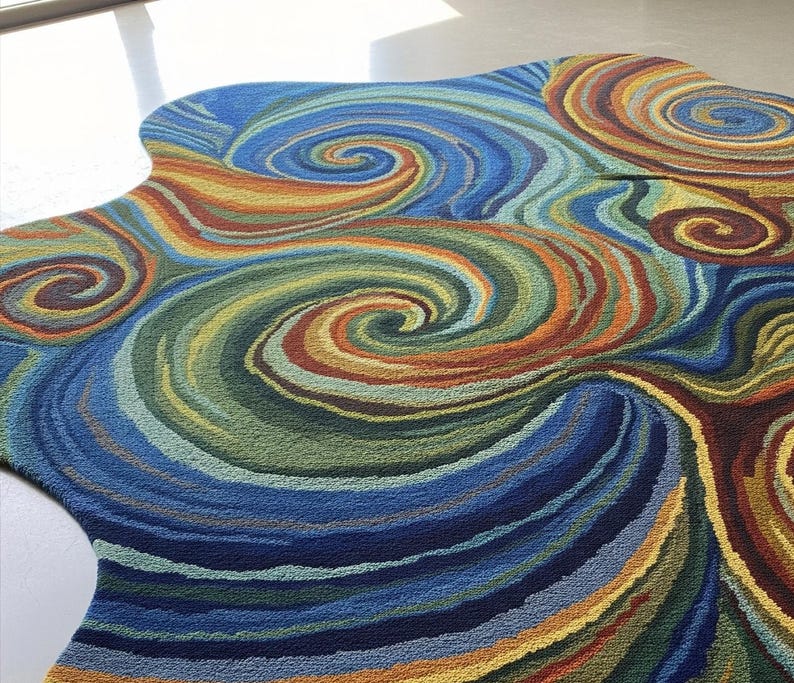 Irregular-shaped area rug featuring vibrant multicolor swirling abstract patterns in blue, green, yellow, red, and orange displayed on a smooth light floor.