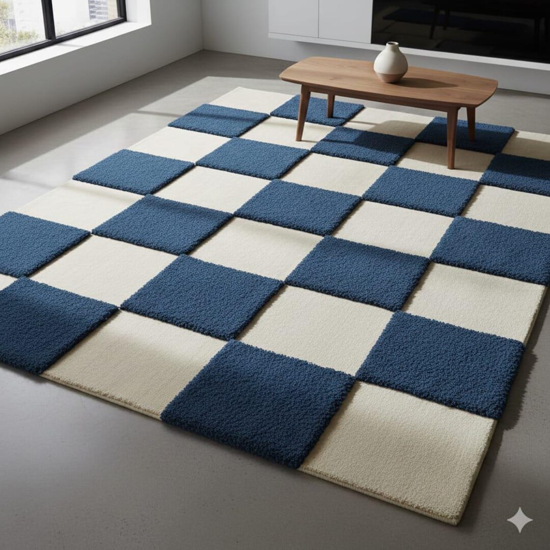 Blue Checkered Area Rug | Modern Checkerboard Carpet | Geometric ...