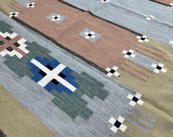 Handwoven Kilim Rug, Wool Flatweave Geometric Carpet, Pastel Boho Farmhouse Southwestern Decor