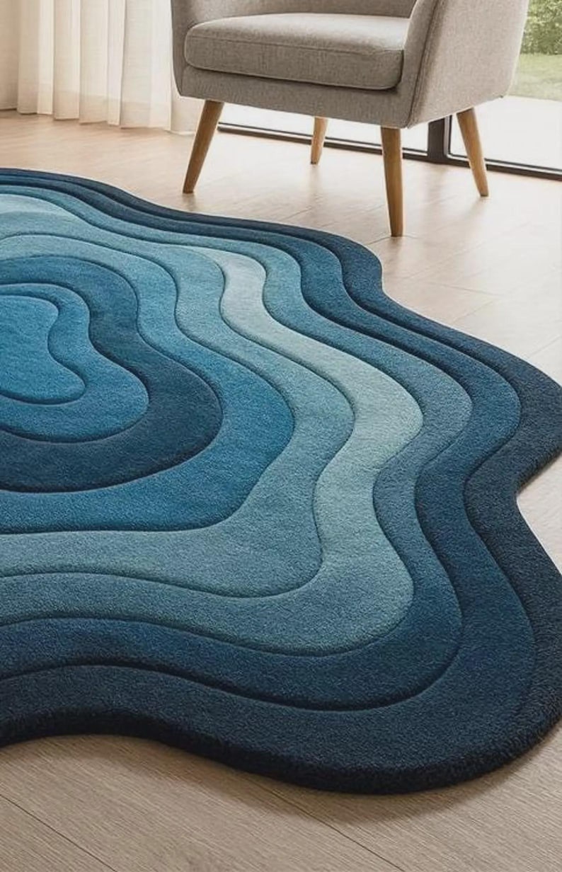 Abstract Blue Wave Rug | Irregular Topographic Contour Carpet - Etsy