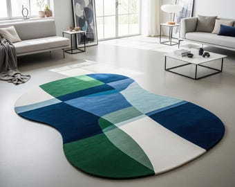 Modern Abstract Area Rug, Blue Green Curved Shape Rug, Contemporary Living Room Carpet