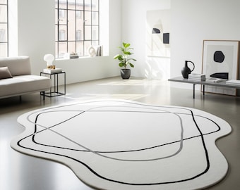 Alfombra moderna abstracta de 8x10 y 9x12 pies – Blanca, negra, gris, irregular, geométrica, contemporánea.