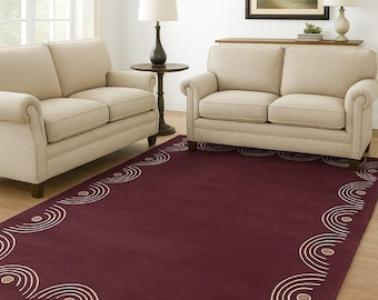 Burgundy Minimalist Area Rug with Modern Arc Border | Contemporary Living Room Carpet