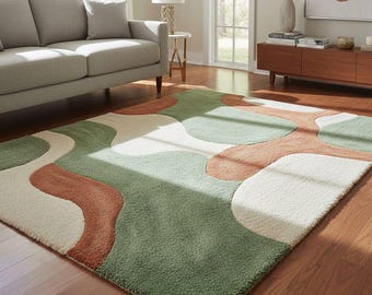 Abstract Green Tufted Rug, Organic Modern Area Rug, Handmade Sage Green Carpet, Minimalist Living Room Rug, Contemporary Home Decor