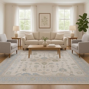 Neutral Modern Area Rug | Light Beige & Blue Oriental Style Carpet | Soft Living Room Rug | Large Farmhouse Boho Decor