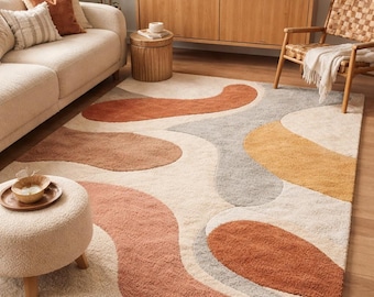 Abstract Wavy Area Rug, Neutral Earth Tones, Boho Living Room Carpet