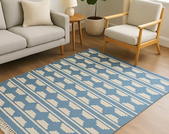 Alfombra Kilim geométrica azul / Alfombra escandinava de lana tejida a mano / Sala de estar de estilo bohemio moderno