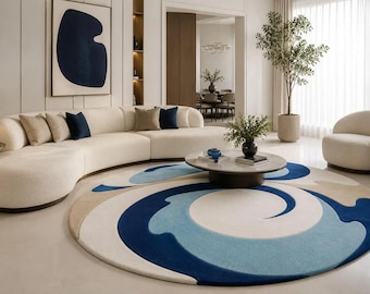 Hand Tufted Wool Abstract Round Rug: Modern Blue & Neutral Area Carpet