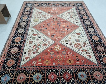 Vintage Oushak Rug: Handmade Wool Tribal Oriental Carpet, Persian Geometric Living Room Rug