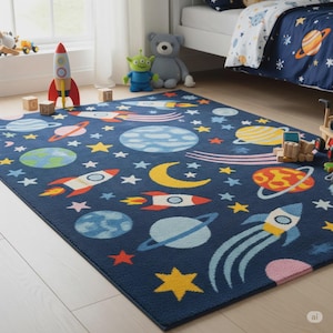 Hand Tufted Space Rug for Kids Room | Galaxy Rocket Nursery Decor | Planets Themed Play Mat Carpet | Educational Area Rug