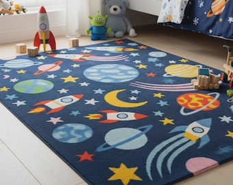Kids Rug Space Theme Rocket Planet Stars Playroom Carpet Blue Colorful Area Rug