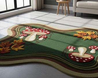 Handtuftad ullmatta med svampmotiv, skogsgrön, Fairy Core Decor