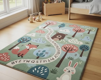 Hand Tufted ABC Alphabet Woodland Animals Playroom Rug – Zara Rugs Nursery Carpet