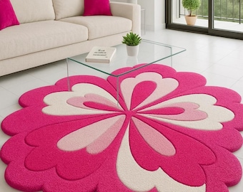 Pink Flower Shaped Area Rug, Layered Petal Floral Carpet, Cream and Pink Rug, Cute Bedroom Decor