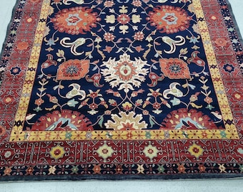 Handmade Wool Persian Rug: Navy Blue Red Floral Oriental Carpet 9x12