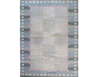 Vintage Handwoven Kilim Rug | Pastel Border Wool Area Rug | Scandinavian Minimalist Home Decor