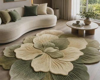 May include: A large, circular area rug shaped like a blooming flower with layered, textured petals in alternating shades of sage green and cream. The rug features deep, carved grooves that define the petal shapes, creating a three-dimensional effect.
