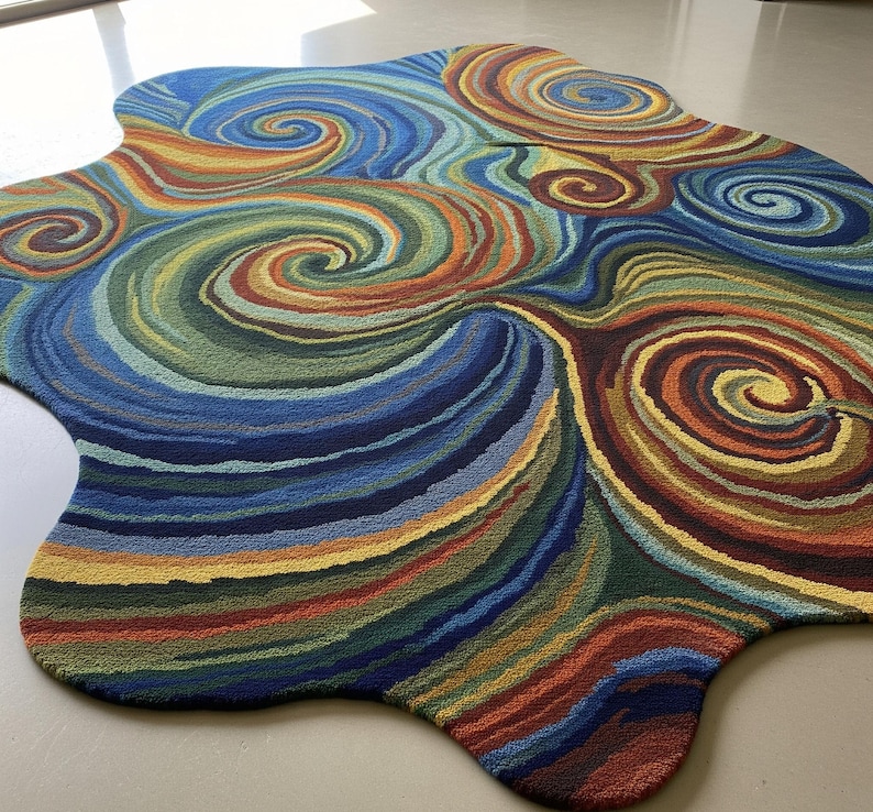 Irregular-shaped area rug featuring vibrant multicolor swirling abstract patterns in blue, green, yellow, red, and orange displayed on a smooth light floor.