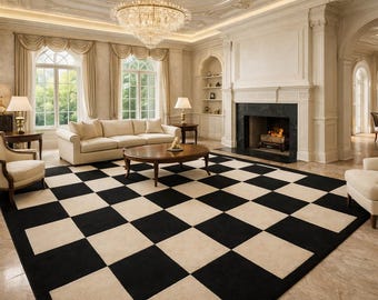 Modern Checkered Area Rug 8x10 9x12 – Black Cream Checkerboard Geometric Contemporary Rug