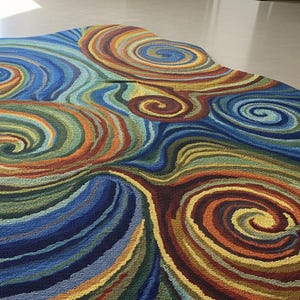 Irregular-shaped area rug featuring vibrant multicolor swirling abstract patterns in blue, green, yellow, red, and orange displayed on a smooth light floor.