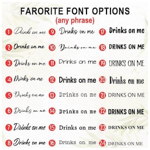 Pode incluir: Gr&aacute;fico com 24 estilos de fonte diferentes, cada um com a frase "Drinks on me" em um c&iacute;rculo com um n&uacute;mero de 1 a 24. O texto "FARORITE FONT OPTIONS (any phrase)" est&aacute; no topo.
