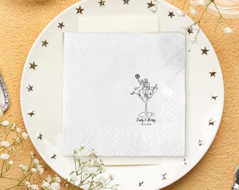 Personalized Wedding Cocktail Napkins Bride & Groom Martini Glass Design, Custom Names Date Napkins, Wedding Reception Party Napkin Decor