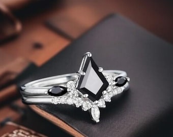 Handmade Black Onyx Bridal Set | Sterling Silver Engagement Ring with Wedding Band | Unique Alternative Bridal Jewelry | Promise Ring Set