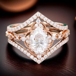 Vintage Moissanite Pear Bridal Ring Set: Sterling Silver Wedding Band