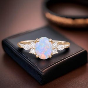 Dainty Opal Engagement Ring with Diamonds – Minimalist Gold Bridal Jewelry, Elegant Promise Ring for Women