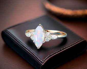Opal Bridal Ring in Sterling Silver | Ethiopian Opal Engagement Jewelry | Marquise October Birthstone Proposal Gift Ring for Her