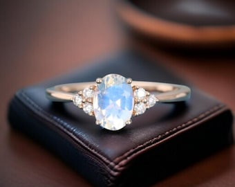 Handmade Moonstone Engagement Ring in Sterling Silver | Oval Moonstone Ring with CZ Accents | June Birthstone Promise Jewellery for Women